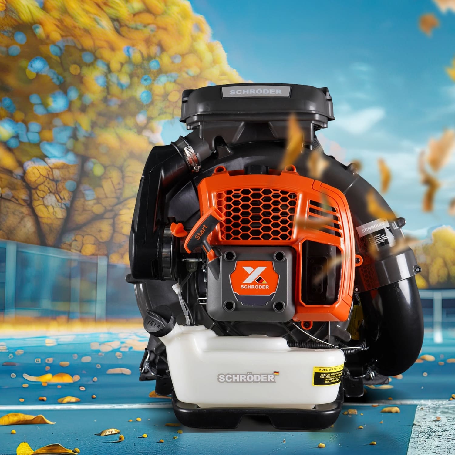 SCHRÖDER SR-9900X backpack leaf blower clearing leaves from lawn and turf areas