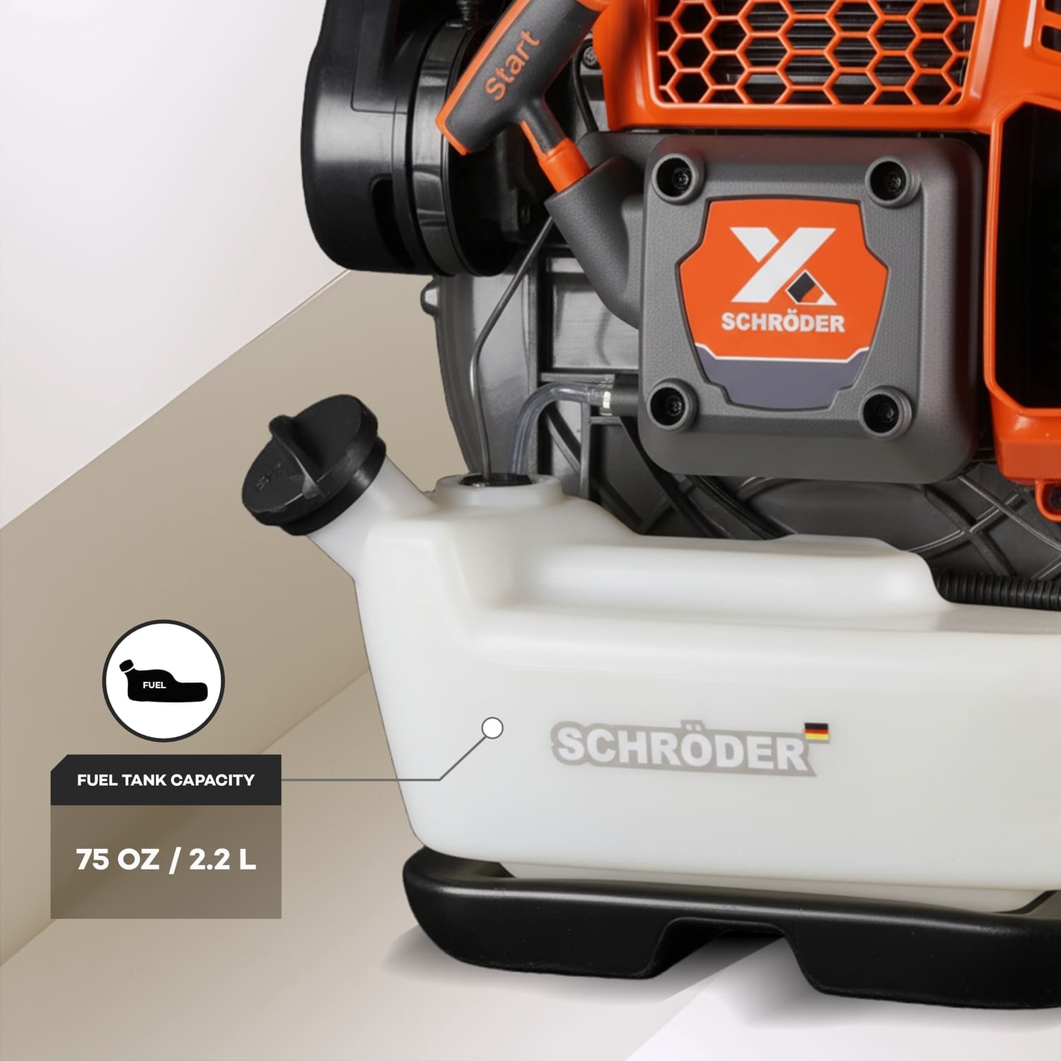 SCHRÖDER SR-9900X backpack leaf blower with 75 oz high-capacity fuel tank for long run time