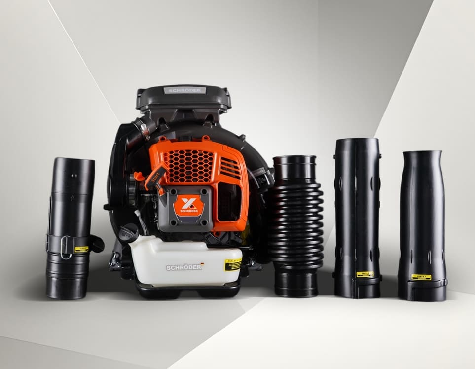 Powerful SCHRÖDER SR-9900X 80cc backpack leaf blower delivering up to 980 CFM airflow