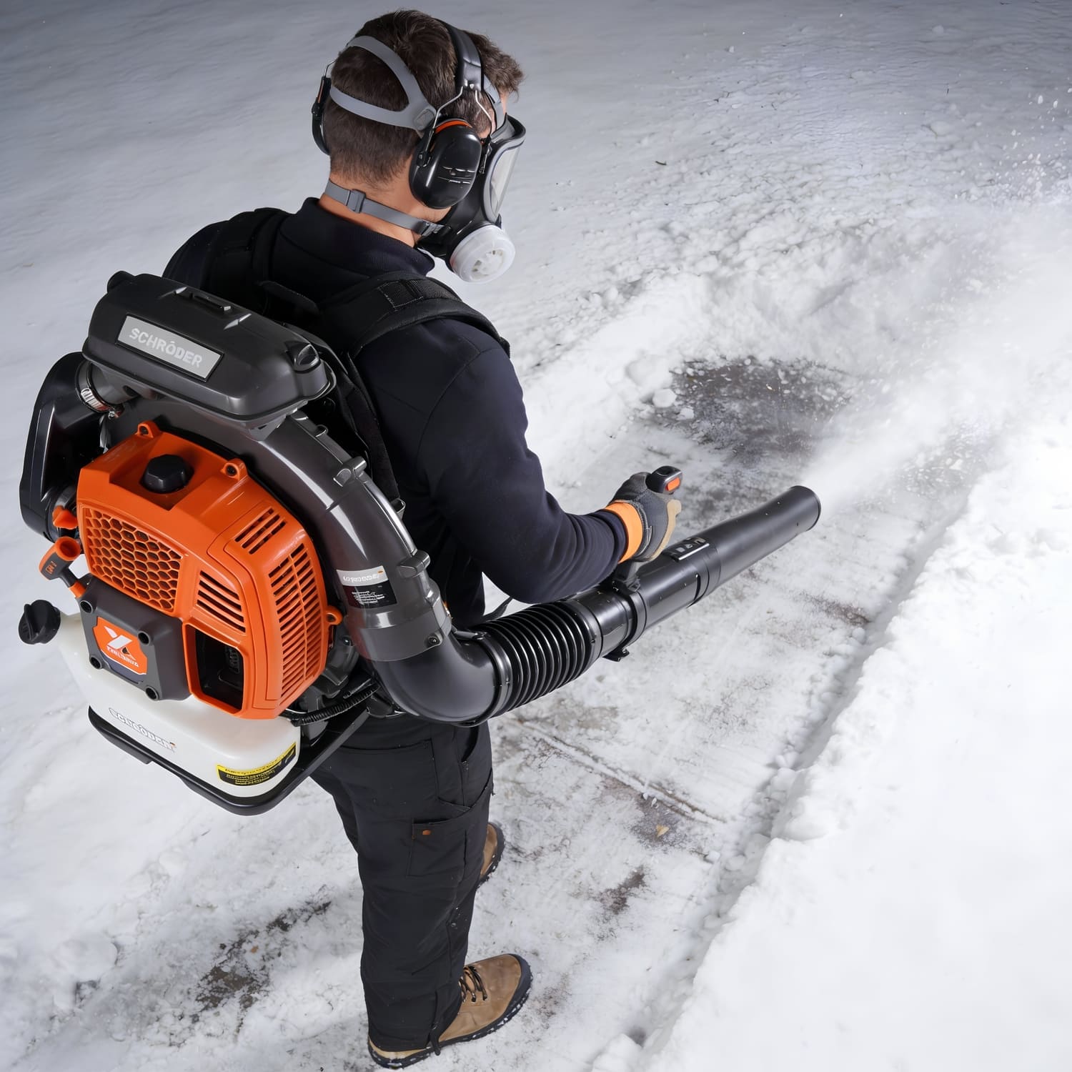 SCHRÖDER SR-9900X backpack leaf blower clearing snow from driveway and walkways