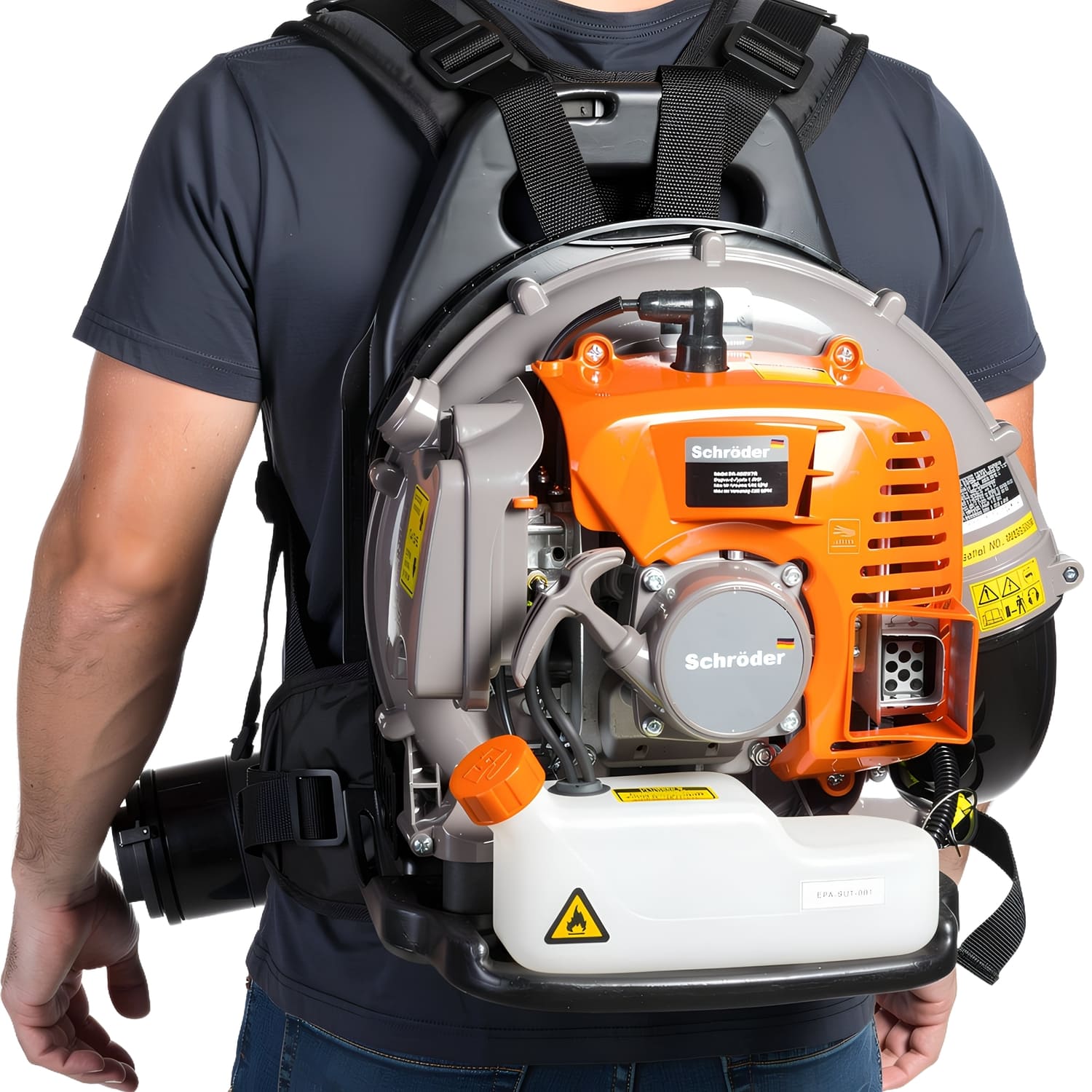 Ergonomic padded harness straps on SCHRÖDER SR4800 backpack leaf blower for comfortable all-day wear
