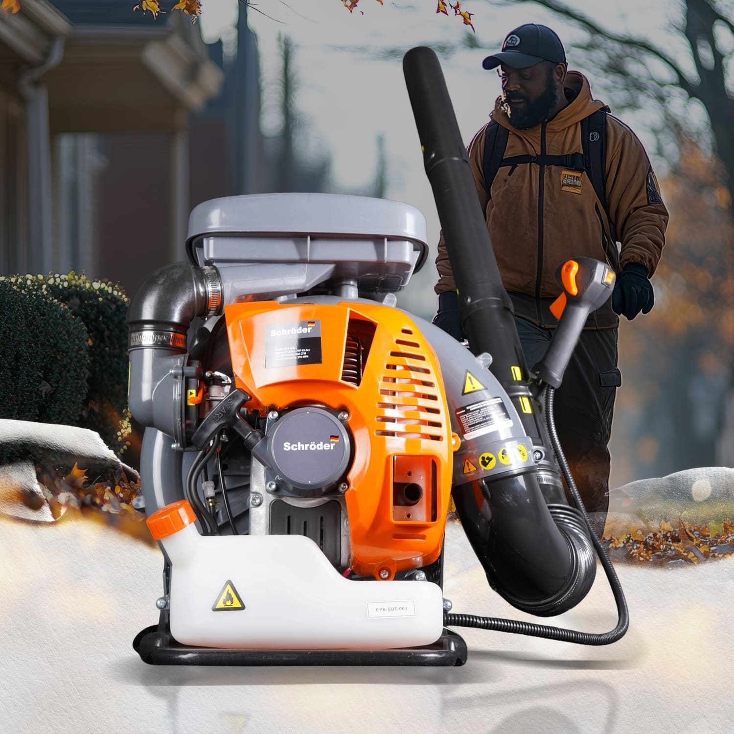 front view of SCHRÖDER SR-6400L backpack leaf blower showing quality a made leaf blower