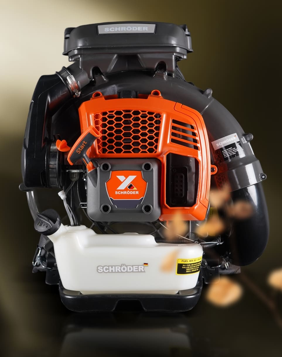 Front view of SCHRÖDER SR-9900X backpack leaf blower showing compact engine housing