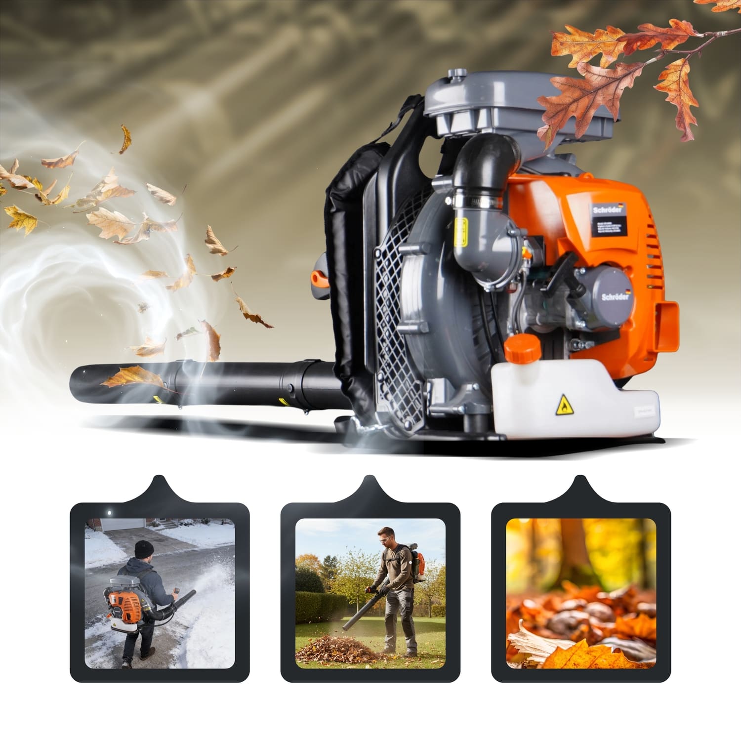 Multiple uses of SCHRÖDER backpack leaf blower for leaves, debris, twigs, and seasonal cleanup
